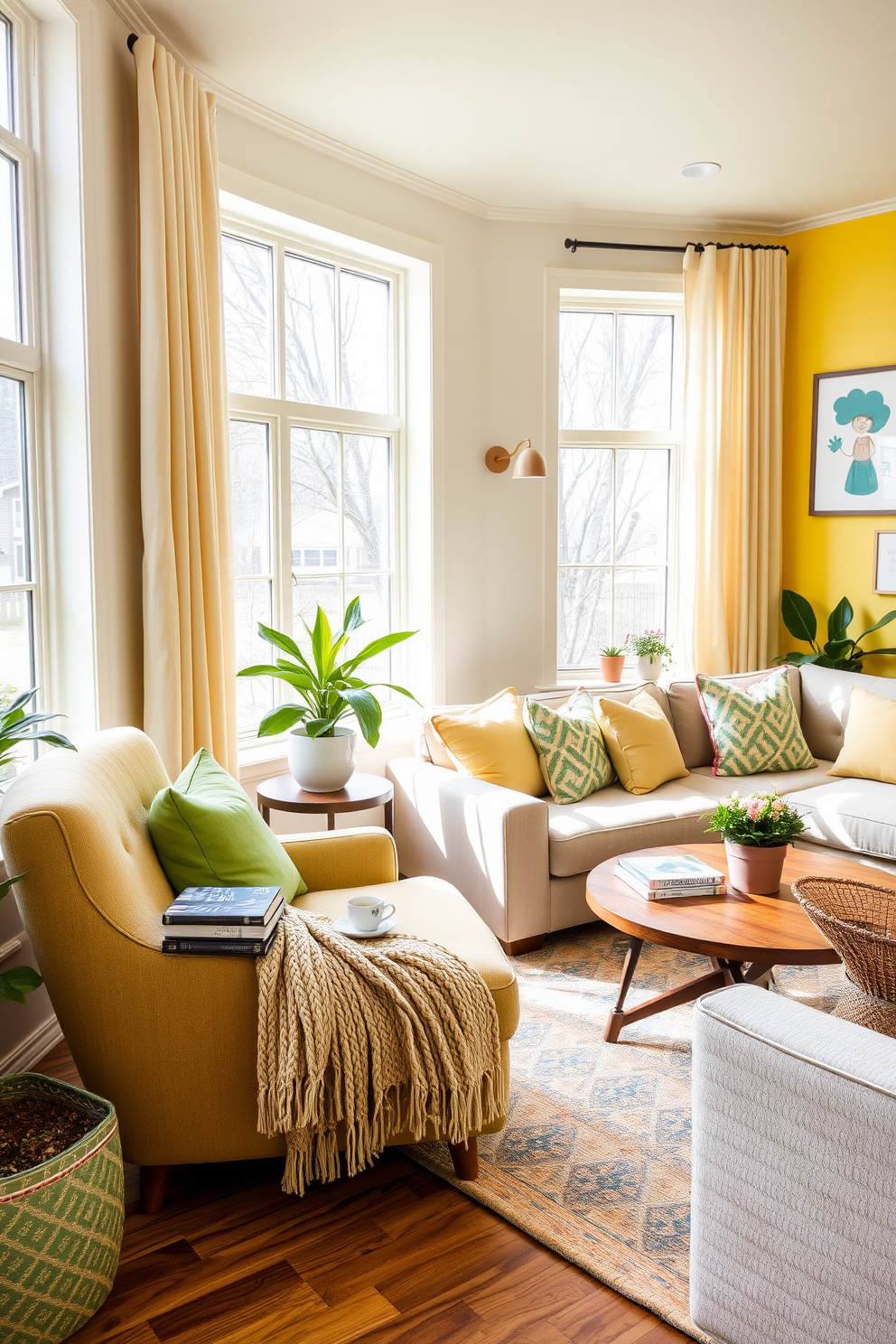 A cozy reading nook area features a plush armchair upholstered in soft fabric positioned next to a large window that allows natural light to flood in. A small side table holds a stack of books and a steaming cup of tea, while a knitted throw blanket drapes over the armchair invitingly. Spring game room decorating ideas include a vibrant color palette with pastel shades of yellow and green to evoke a cheerful atmosphere. A large, comfortable sectional sofa is arranged around a coffee table, with playful artwork on the walls and a few indoor plants to bring life to the space.