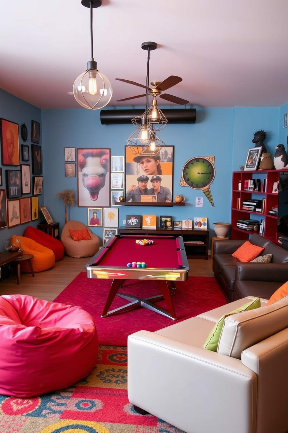 A vibrant game room filled with playful energy. The space features colorful wall art and a mix of comfortable seating options, including bean bags and a sleek sectional sofa. Unique lighting fixtures hang from the ceiling, providing a warm and inviting ambiance. A stylish pool table takes center stage, surrounded by decorative shelves filled with board games and playful decor.