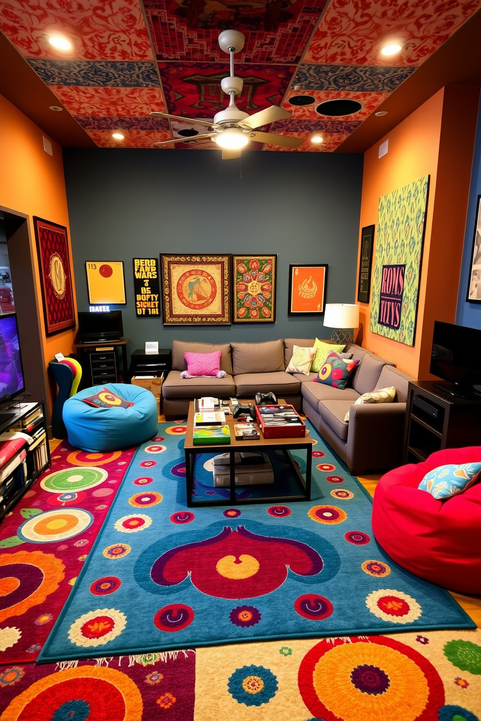 A vibrant game room filled with playful rugs that add both comfort and style. The space features a cozy seating area with a sectional sofa, colorful bean bags, and a large coffee table surrounded by board games and gaming consoles.