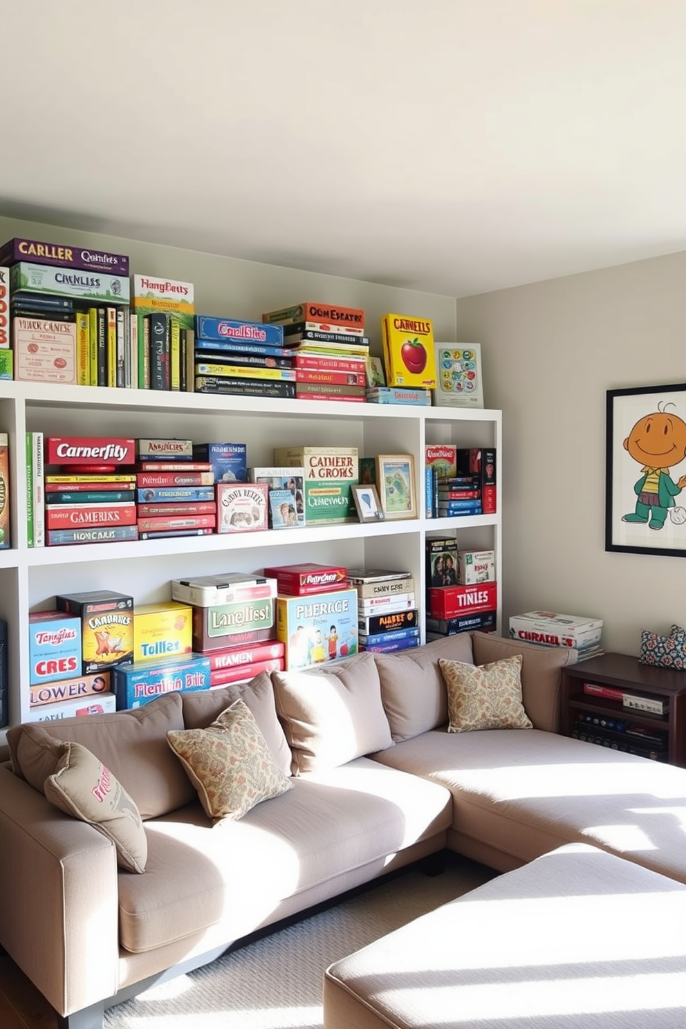 A cozy game room filled with natural light. The shelves are lined with an array of colorful board games, neatly organized and easily accessible for family and friends. A comfortable seating area features a plush sectional sofa in a soft fabric. The walls are adorned with playful artwork that reflects the joy of game nights.