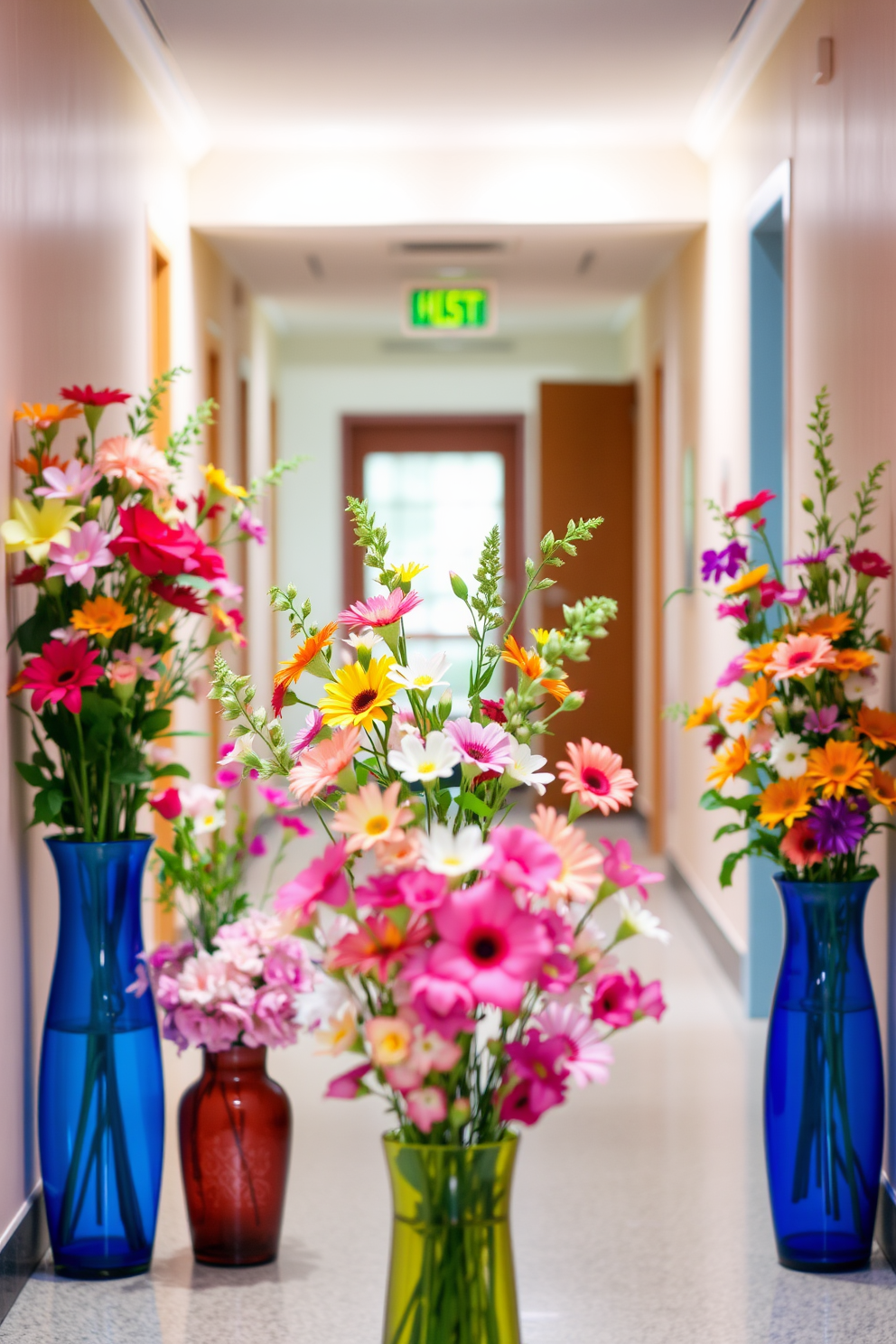 Fresh flowers in colorful vases brighten up the hallway and create a welcoming atmosphere. The walls are adorned with soft pastel colors, complementing the vibrant hues of the flowers.