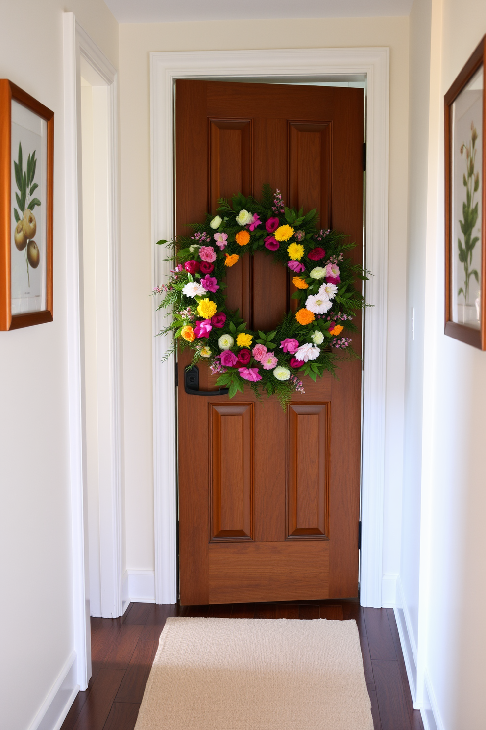 A vibrant seasonal wreath adorned with fresh flowers and greenery is hung on a classic wooden door. The hallway is decorated with pastel-colored accents, including a soft runner rug and framed botanical prints on the walls.