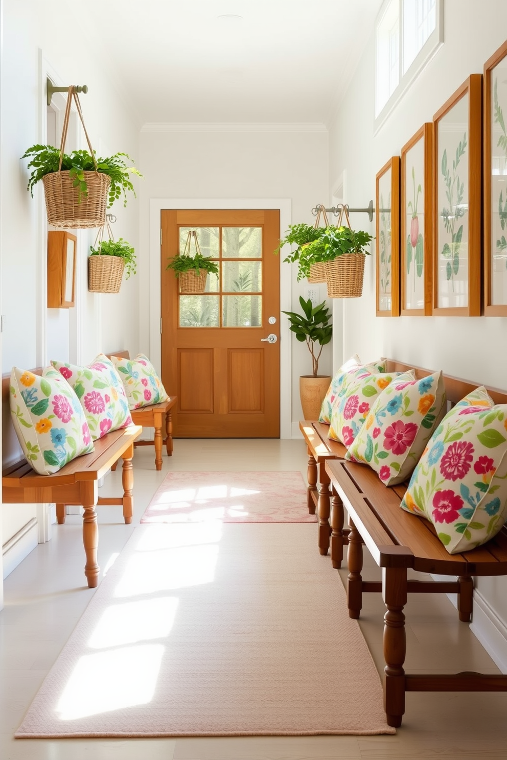 Cheerful throw pillows adorn a series of wooden benches placed along a sunlit hallway. The pillows feature vibrant floral patterns and bright colors, creating a welcoming and lively atmosphere. Spring hallway decorating ideas include hanging fresh greenery in woven baskets and displaying framed botanical prints on the walls. Soft, pastel-colored rugs complement the benches, adding warmth and comfort to the space.