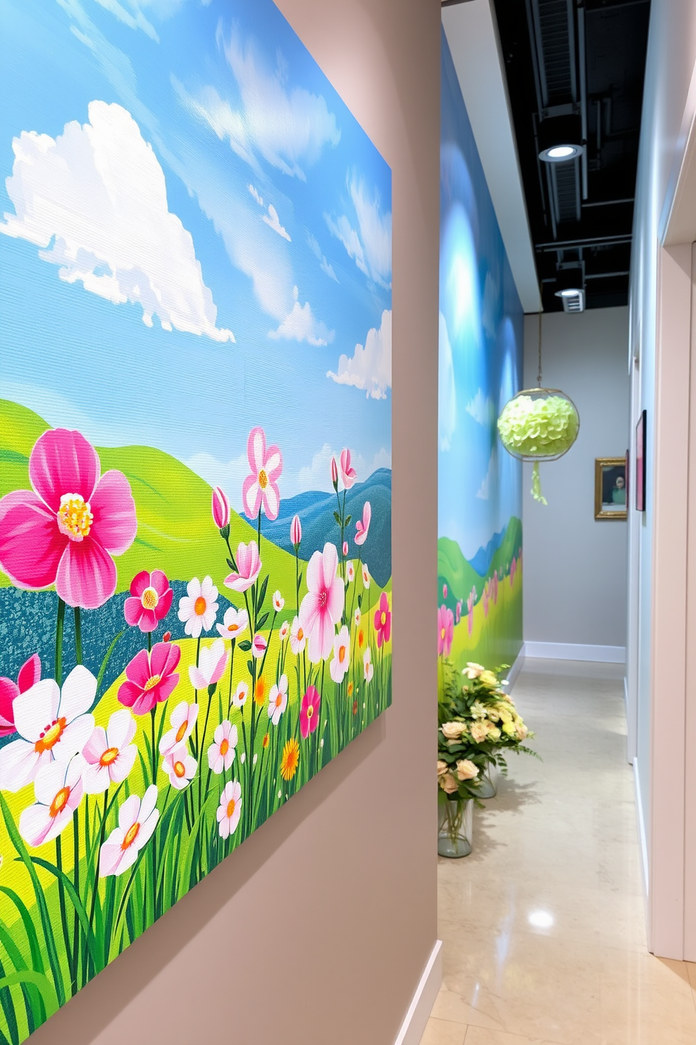 A vibrant artwork depicting spring landscapes. The canvas showcases blooming flowers and lush greenery under a bright blue sky. A stylish hallway adorned with spring-themed decorations. Soft pastel colors and floral accents create a welcoming atmosphere.