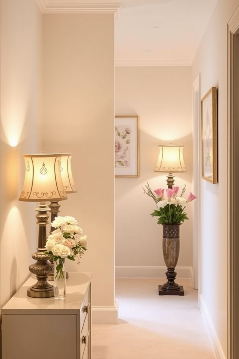 Soft lighting creates a warm and inviting atmosphere in the hallway. Decorative lamps with elegant designs are placed on console tables, casting a gentle glow on the surrounding walls. Fresh flowers in pastel colors are arranged in vases, adding a touch of spring to the decor. Light-colored artwork featuring floral motifs adorns the walls, enhancing the cheerful ambiance.