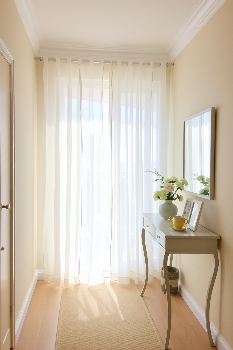 A bright and airy hallway adorned with breezy sheer curtains that flutter gently in the breeze. The walls are painted in a soft pastel hue, complemented by a stylish console table topped with fresh flowers and decorative accents. Natural light streams through the curtains, creating a warm and inviting atmosphere. The floor is adorned with a light-colored runner that adds texture and warmth to the space.