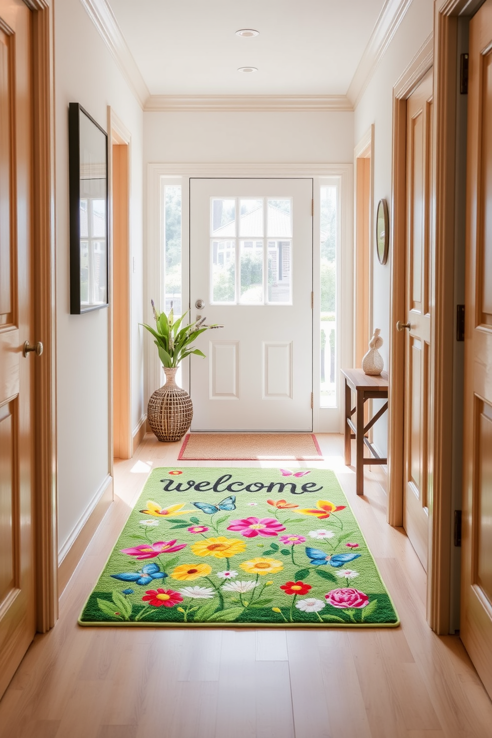 A welcoming hallway features a vibrant welcome mat adorned with cheerful spring motifs such as flowers and butterflies. The walls are painted in a soft pastel hue, complemented by light wood accents that create a fresh and inviting atmosphere.