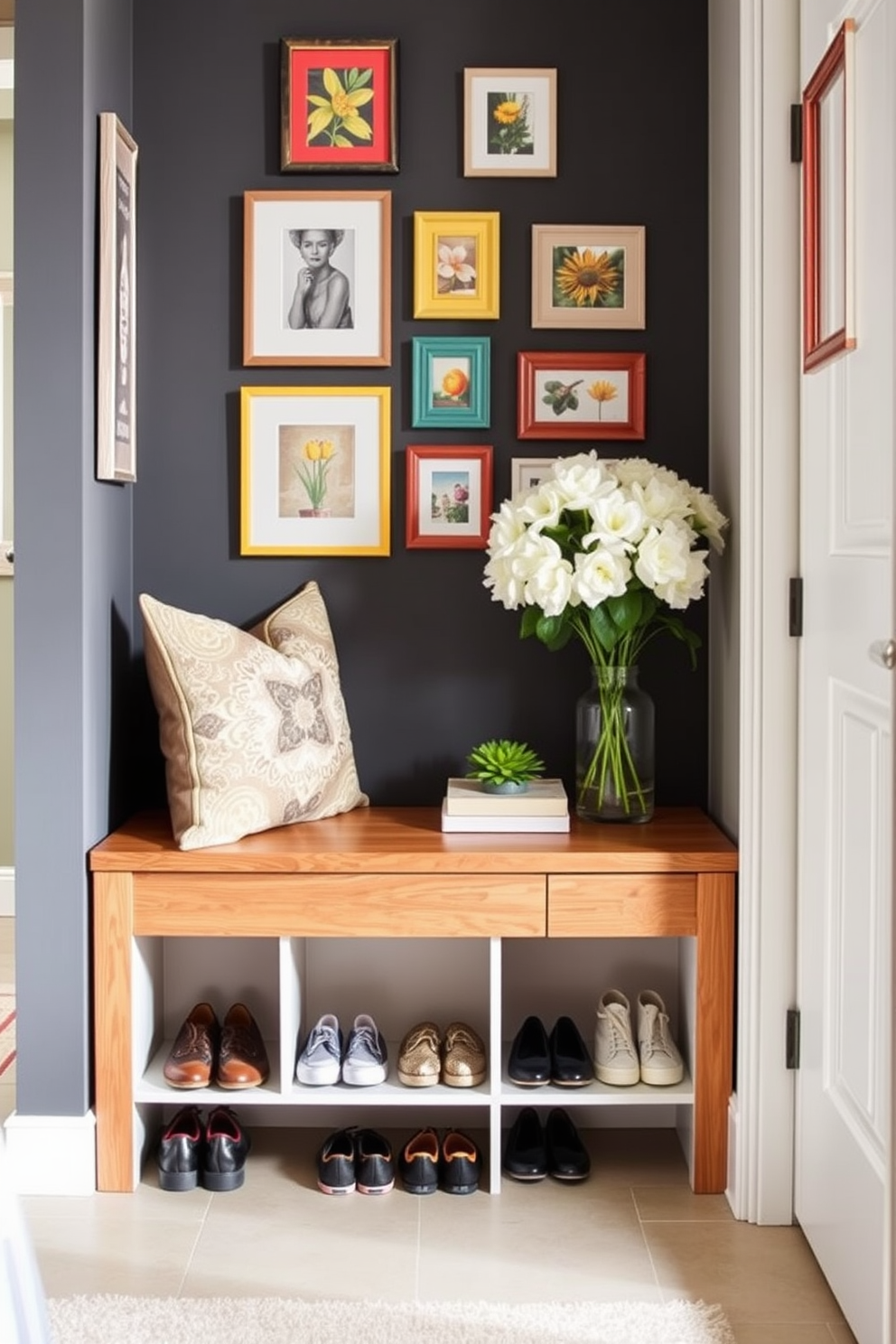 A stylish shoe storage solution features a sleek wooden bench with built-in cubbies for shoes underneath. The bench is complemented by decorative pillows and a small potted plant on top, creating a welcoming entryway. Spring hallway decorating ideas include a vibrant gallery wall adorned with colorful framed artwork. Fresh flowers in a vase are placed on a console table, adding a touch of nature and brightness to the space.