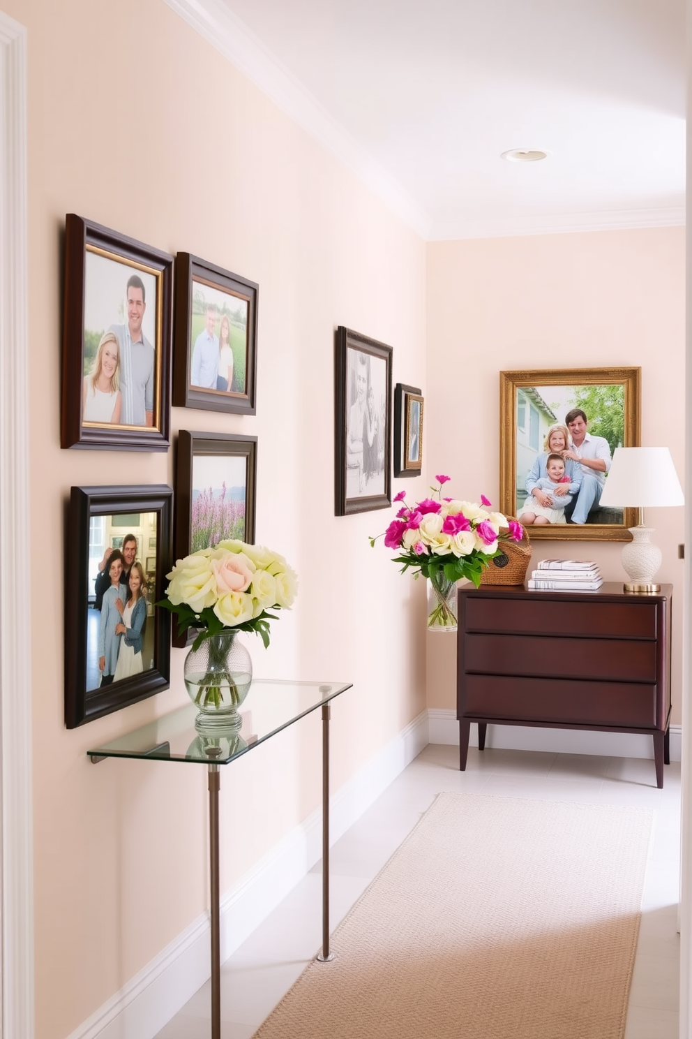 A bright and inviting hallway features a series of framed family photos in spring-themed frames. The walls are painted in a soft pastel color, and a stylish console table adorned with fresh flowers adds a touch of elegance.