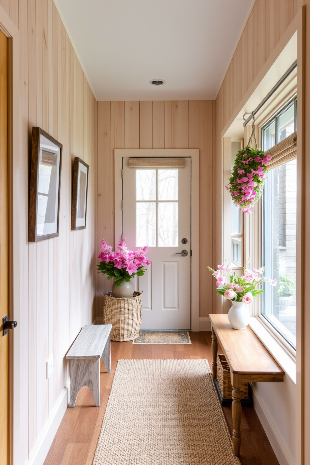 A welcoming hallway adorned with natural wood elements that exude warmth and comfort. Light wooden paneling lines the walls, complemented by a rustic wooden bench and a woven basket for storage. Fresh spring accents bring life to the space with pastel-colored decor and vibrant floral arrangements. A large window allows natural light to flood in, enhancing the cheerful atmosphere of the hallway.