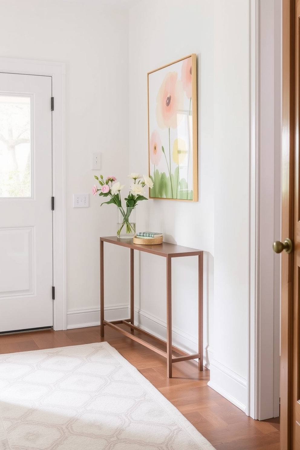 Light pastel wall art displays Spring Hallway Decorating Ideas. The artwork features soft hues of pink, yellow, and green, creating a cheerful atmosphere. A narrow console table sits against the wall, adorned with fresh flowers in a delicate vase. A stylish runner rug in subtle patterns adds warmth and texture to the space.