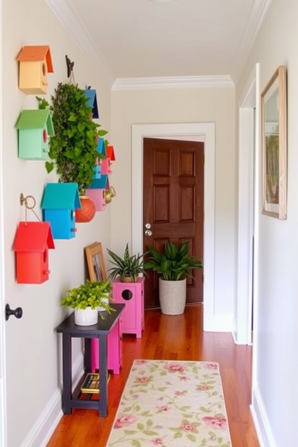 Charming birdhouses as decor pieces. The hallway is adorned with a collection of whimsical birdhouses painted in vibrant colors, each uniquely designed to add character and charm. Spring Hallway Decorating Ideas. Fresh greenery and pastel-colored accents bring a cheerful ambiance, while a soft area rug in floral patterns ties the space together beautifully.