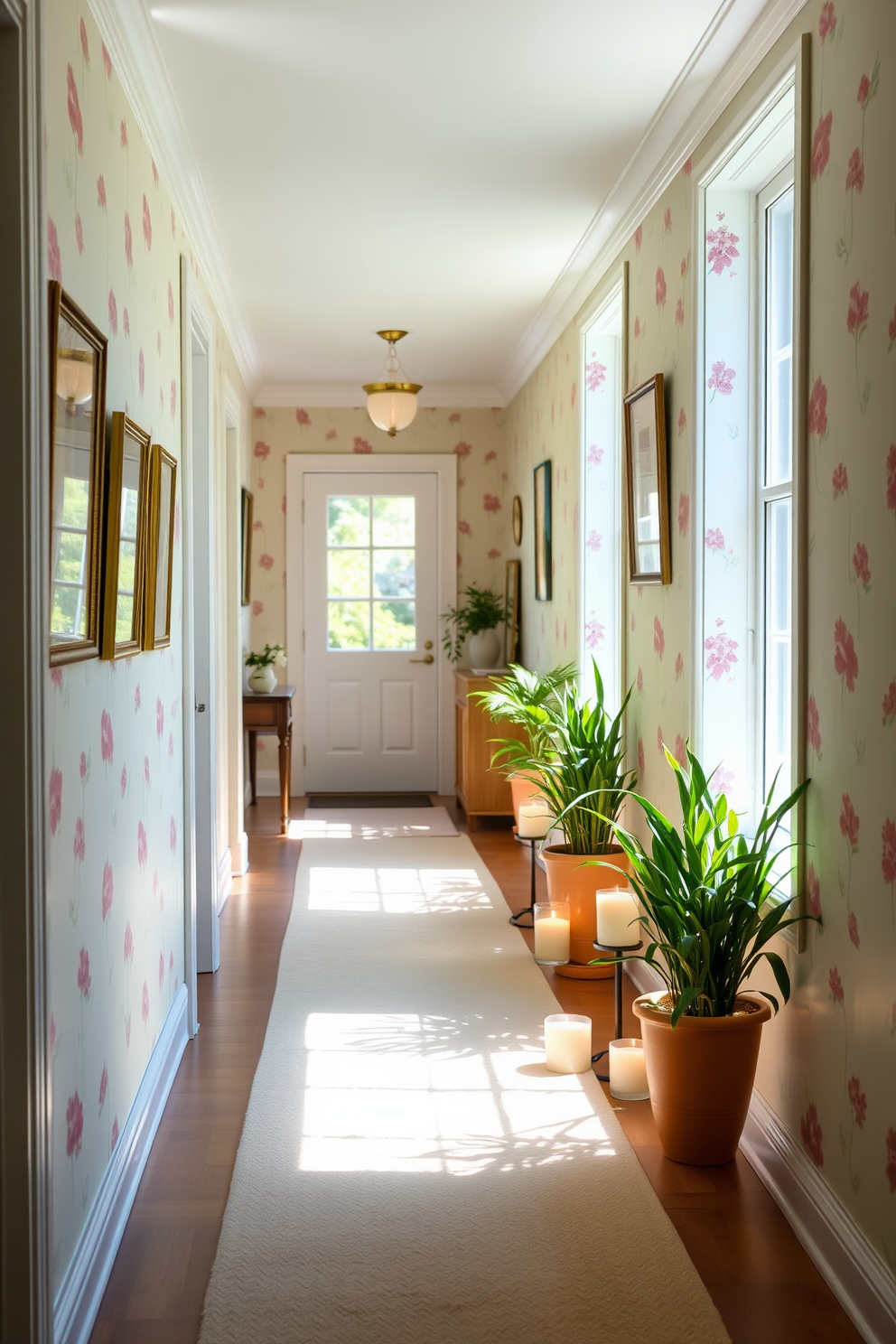 A bright and inviting hallway adorned with pastel-colored decor. Soft floral patterns on the walls complement the natural light streaming in from the windows. Delicate candles in various sizes line the hallway, each infused with seasonal scents of spring. Fresh greenery in stylish pots adds a touch of life and vibrancy to the space.