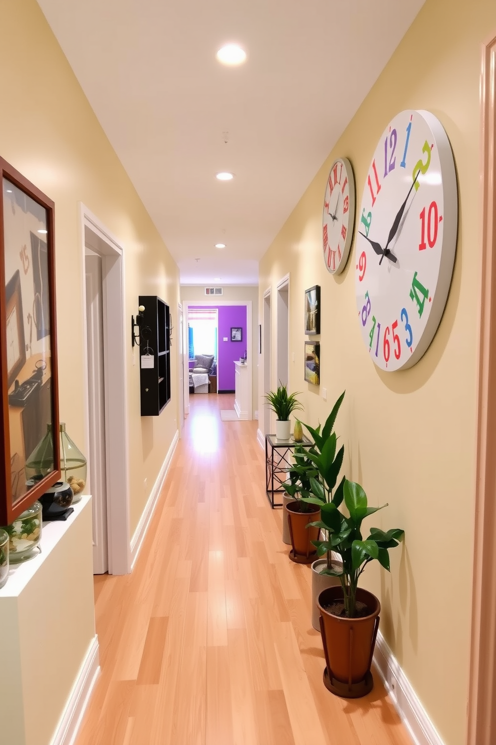 A bright and cheerful hallway features a large wall clock with vibrant colors and playful designs. The clock is mounted on a soft pastel-colored wall, enhancing the lively atmosphere of the space. Along the hallway, decorative elements such as potted plants and framed artwork add charm and character. The flooring is a light wood that complements the overall bright and inviting decor.