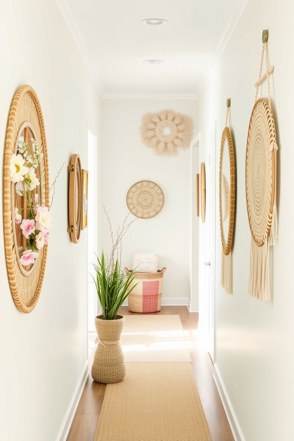 Textured wall hangings create an inviting atmosphere in a spring-themed hallway. Soft pastel colors and natural materials enhance the warmth and brightness of the space. Incorporate floral patterns and light fabrics to bring a fresh touch to the decor. Use layered textures to add depth and visual interest, making the hallway feel more dynamic and welcoming.