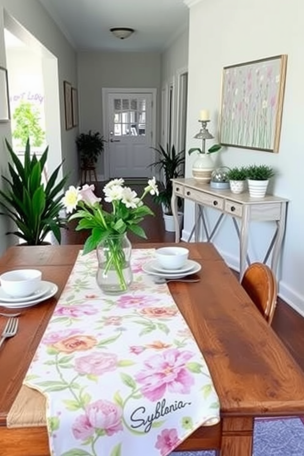 A vibrant spring-themed table runner adorns a rustic wooden dining table. The runner features a floral pattern with pastel colors, complemented by a set of delicate ceramic dishes and fresh flowers in a vase. The hallway is decorated with soft pastel hues and cheerful artwork that reflects the essence of spring. Potted plants line the walls, and a stylish console table holds seasonal decor, creating an inviting atmosphere.