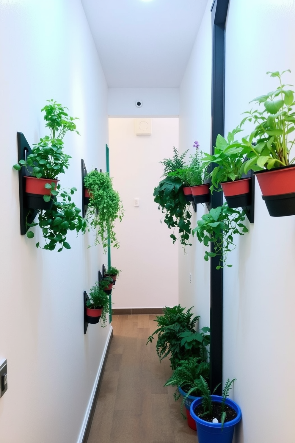 A charming hallway featuring wall-mounted planters filled with fresh herbs. The planters are arranged in a staggered pattern along the wall, creating a vibrant and inviting atmosphere.