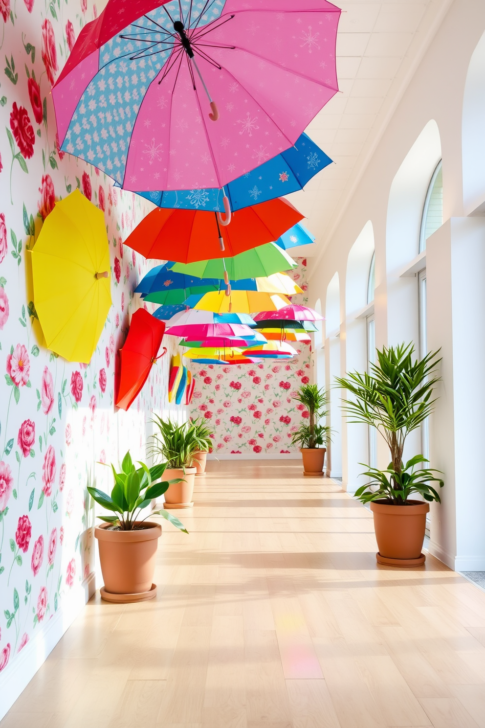 Brightly colored umbrellas are arranged in an artistic display along a sunlit hallway. The walls are adorned with vibrant floral wallpaper, and the floor is a light wood that complements the cheerful atmosphere. Each umbrella features unique patterns and hues, creating a playful contrast against the soft background. Potted plants are strategically placed to enhance the freshness of the spring theme, inviting a sense of warmth and joy.