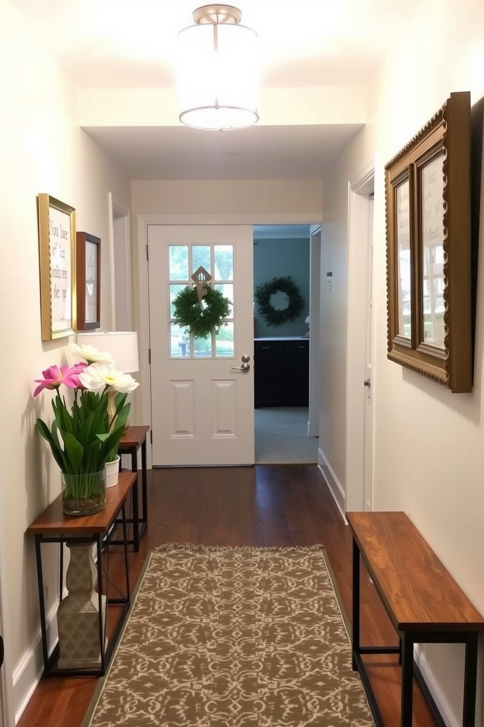 Create a bright and inviting hallway decorated for spring. Seasonal quotes are elegantly displayed in decorative frames, enhancing the cheerful atmosphere of the space.