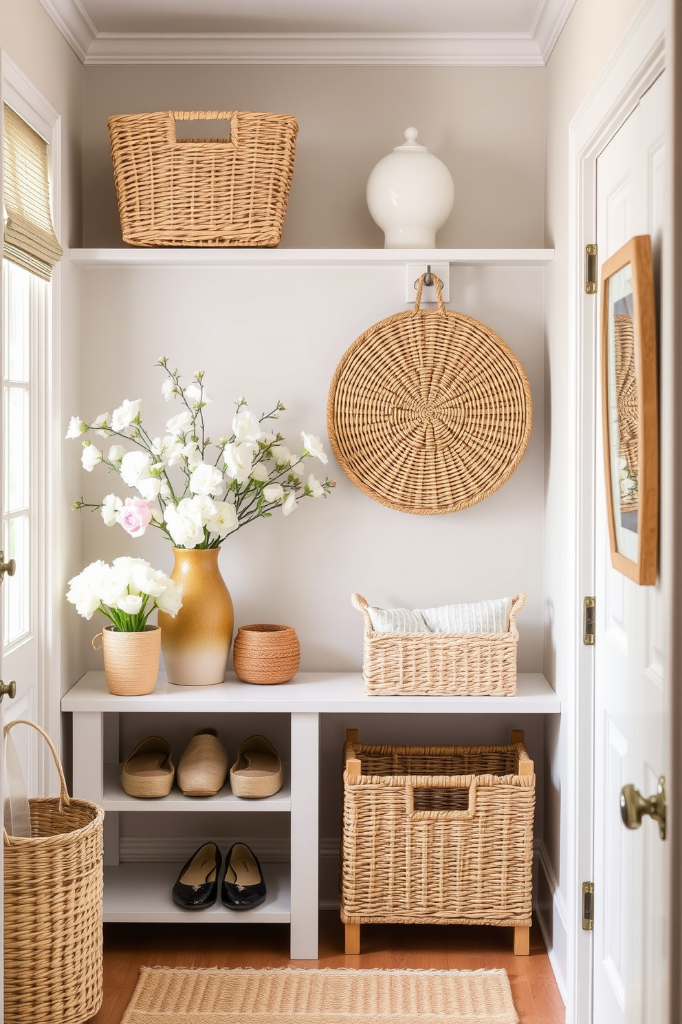 Artisan crafted baskets made from natural fibers are strategically placed along the shelves in the hallway. They add a touch of warmth and texture while providing functional organization for shoes and accessories. The hallway features fresh spring decor with pastel-colored accents and floral arrangements. Soft lighting and a neutral color palette create an inviting atmosphere that enhances the beauty of the space.