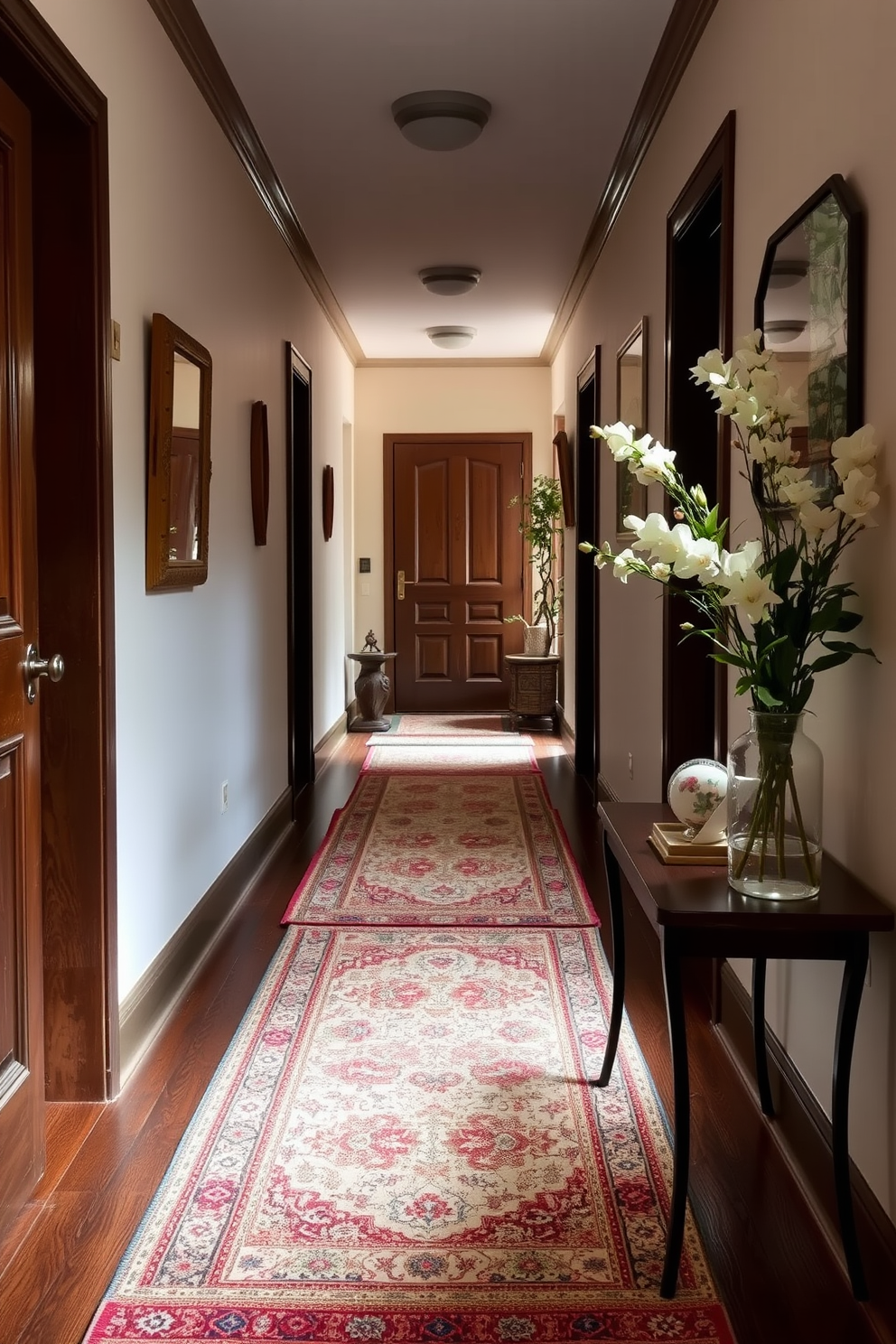 A cozy hallway adorned with layered rugs that introduce a rich texture and warmth to the space. The rugs feature a mix of patterns and colors, creating an inviting atmosphere that welcomes guests. Delicate spring decorations enhance the hallway's charm with fresh flowers in pastel hues. Soft greenery and seasonal accents are strategically placed to evoke a sense of renewal and brightness.