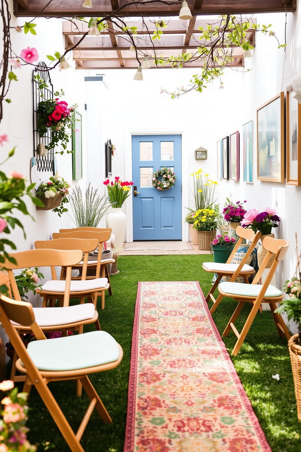 Lightweight folding chairs arranged in a cozy outdoor setting. The chairs are made of natural wood with soft pastel cushions, creating an inviting atmosphere. Spring hallway decorated with fresh flowers and vibrant colors. The walls are adorned with cheerful artwork, and a runner rug adds warmth to the space.