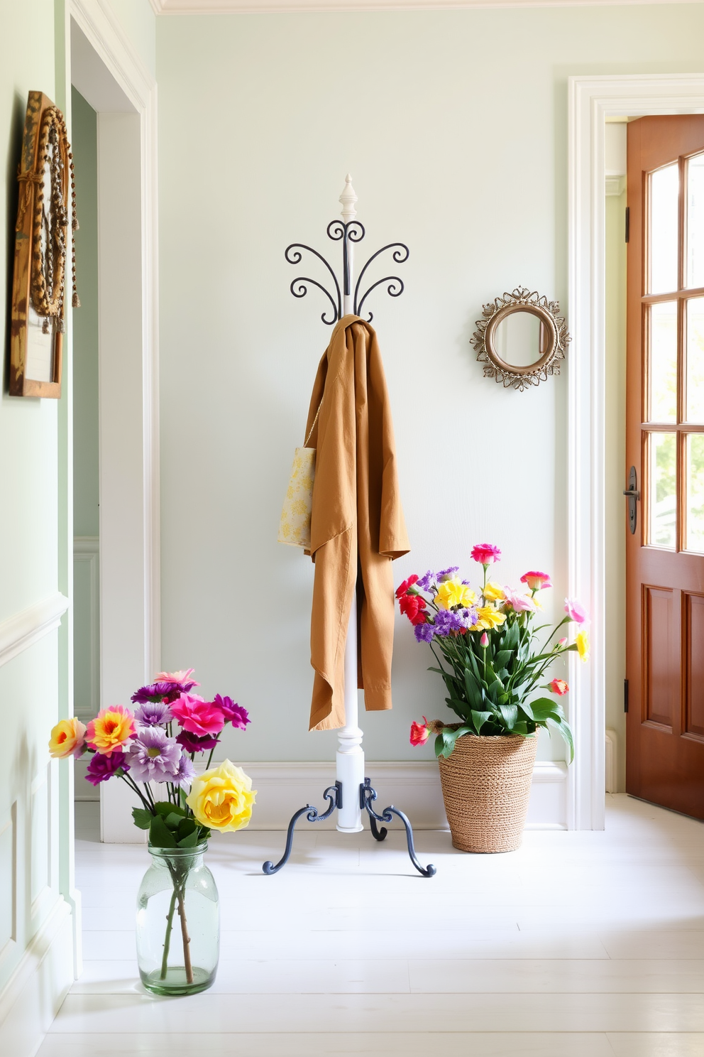 A vintage coat rack stands elegantly in a bright hallway adorned with spring accents. The walls are painted in a soft pastel hue, and fresh flowers in vibrant colors are arranged nearby to enhance the cheerful atmosphere.