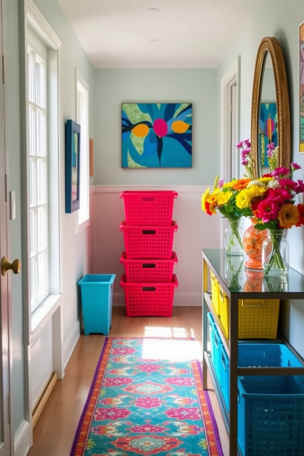 Brightly colored storage baskets are arranged neatly along a bright and airy hallway. The walls are adorned with cheerful artwork, and a vibrant runner rug adds warmth to the space. Spring hallway decorating ideas include fresh flowers in colorful vases placed on a console table. Natural light pours in through a nearby window, enhancing the lively atmosphere.