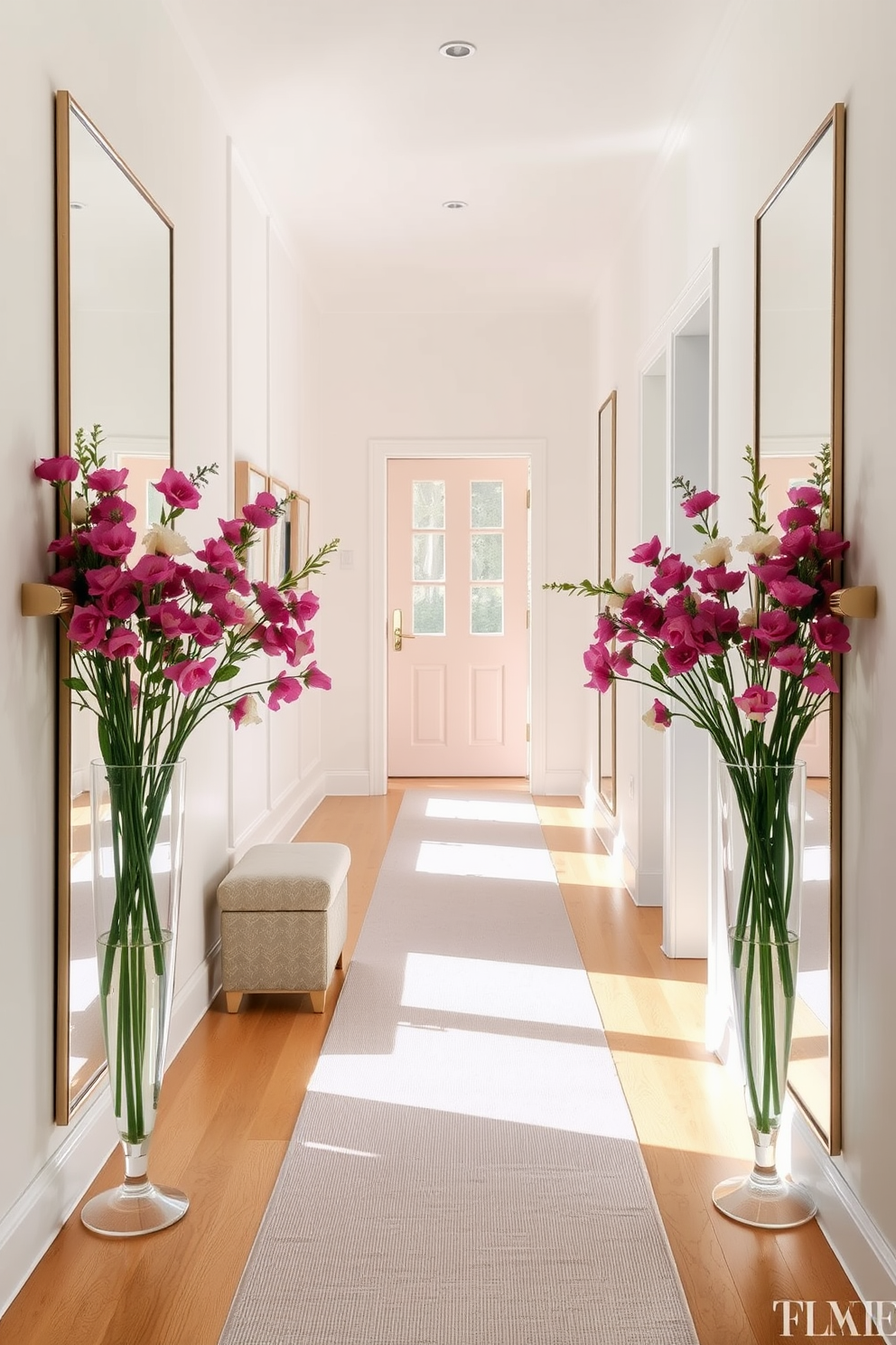 A bright hallway filled with natural light. The walls are painted in a soft pastel color, and large mirrors are strategically placed to enhance the brightness and depth of the space. Decorative elements include fresh spring flowers in vibrant hues arranged in elegant vases. Soft, patterned runners add warmth to the wooden floor, creating a welcoming atmosphere.