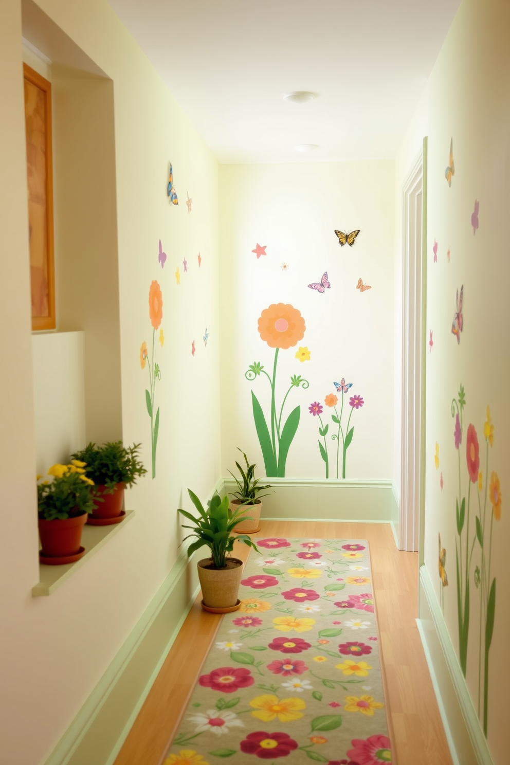 A bright and cheerful hallway adorned with spring-themed wall decals featuring flowers and butterflies. The walls are painted in a soft pastel color, creating a fresh and inviting atmosphere. Along the baseboards, small potted plants add a touch of greenery, complementing the vibrant stickers. A whimsical runner rug in floral patterns runs down the hallway, enhancing the spring vibe.