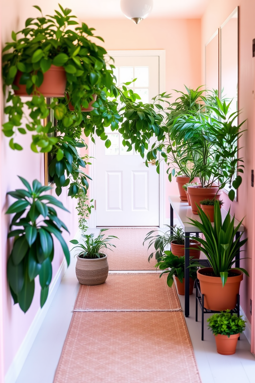 A bright and inviting hallway adorned with potted plants of various sizes. Lush greenery spills over from terracotta pots placed on a sleek console table against the wall. The walls are painted in a soft pastel hue to enhance the natural light. A woven runner rug adds warmth and texture, leading the way through this cheerful space.