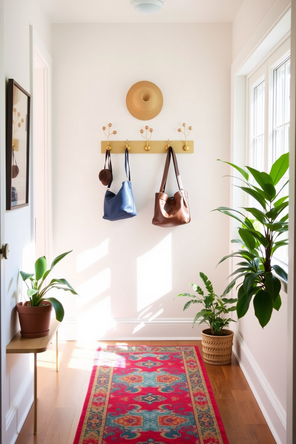 A bright and welcoming hallway features decorative hooks for hats and bags arranged in a stylish pattern on the wall. The hooks are made of brushed brass, complementing the soft pastel colors of the walls and the natural light streaming in from a nearby window. A vibrant runner rug adds a pop of color to the space, while potted plants sit at either end of the hallway, bringing life and freshness. The overall design creates an inviting atmosphere perfect for a spring refresh.