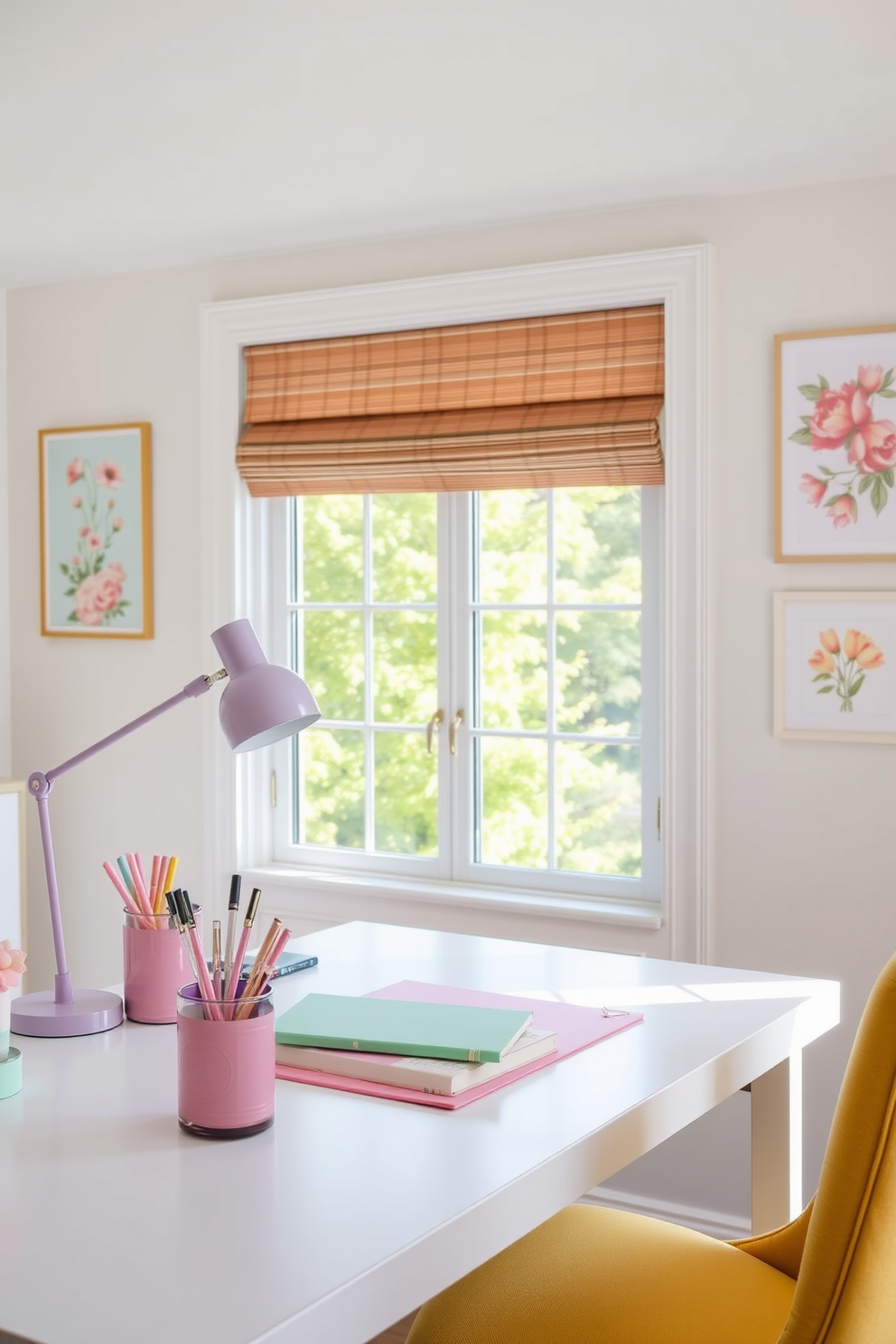 A bright and airy home office filled with natural light. The desk is adorned with pastel colored accessories including a pink pen holder, a mint green notebook, and a lavender desk lamp. Floral prints decorate the walls, adding a fresh touch to the space. A cozy chair in a soft yellow hue completes the inviting atmosphere, making it a perfect spot for productivity and creativity.