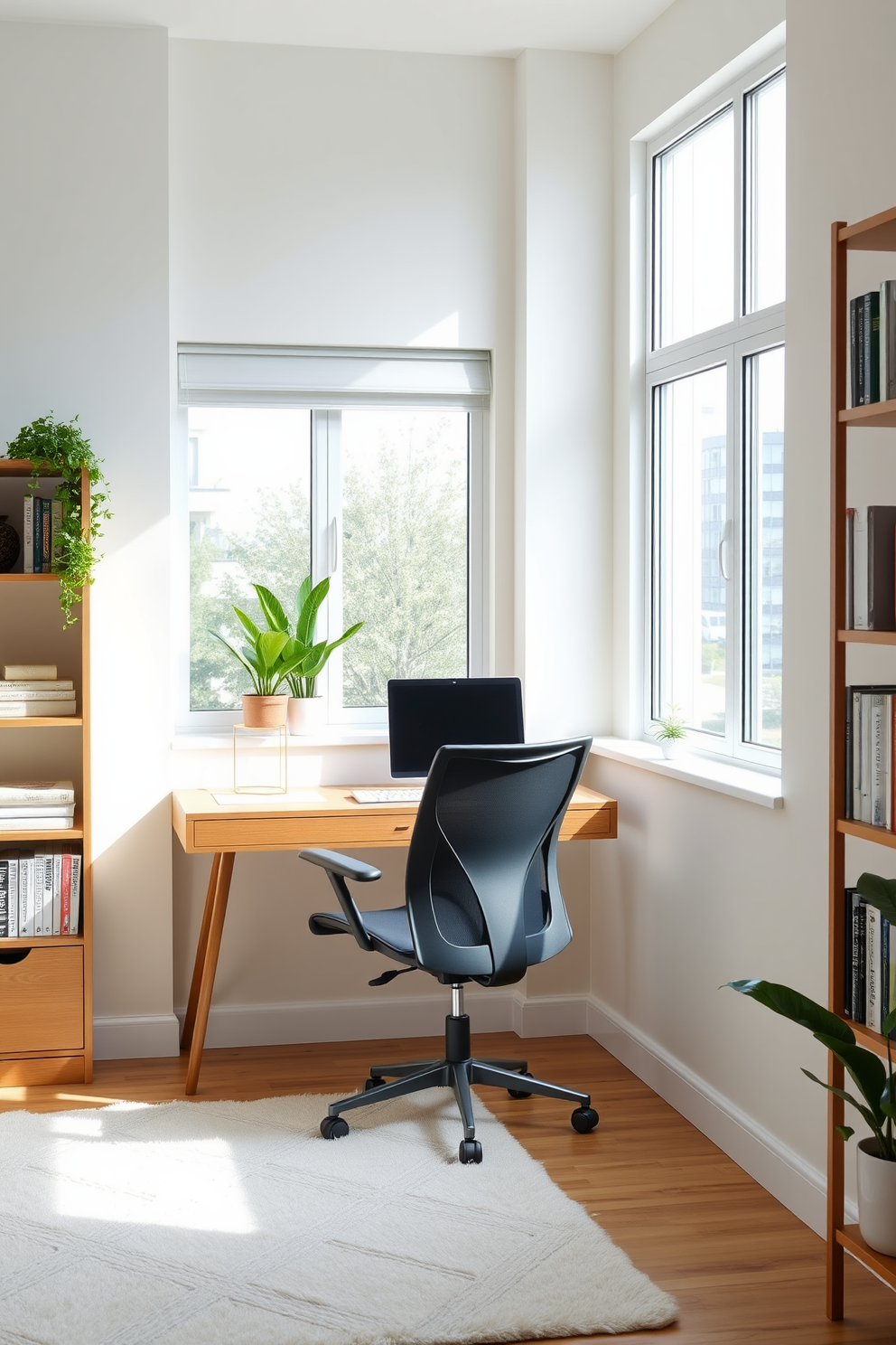 A bright and inviting home office space adorned with a sleek wooden desk positioned near a large window. The walls are painted in a soft pastel hue, and a small indoor plant collection sits on the windowsill, bringing life to the area. A comfortable ergonomic chair complements the desk, and a stylish bookshelf filled with books and decorative items lines one wall. A soft area rug adds warmth to the floor, creating a cozy atmosphere perfect for productivity.