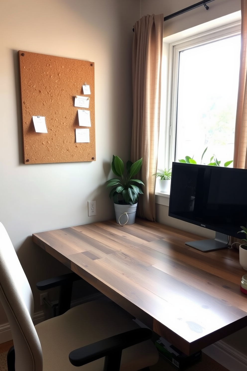 A cozy home office setting featuring a decorative cork board mounted on the wall for notes and inspiration. The desk is made of reclaimed wood with a minimalist design, complemented by a comfortable ergonomic chair in a soft fabric. Bright natural light floods the room through a large window adorned with sheer curtains. Potted plants are placed on the windowsill, adding a touch of greenery and freshness to the space.