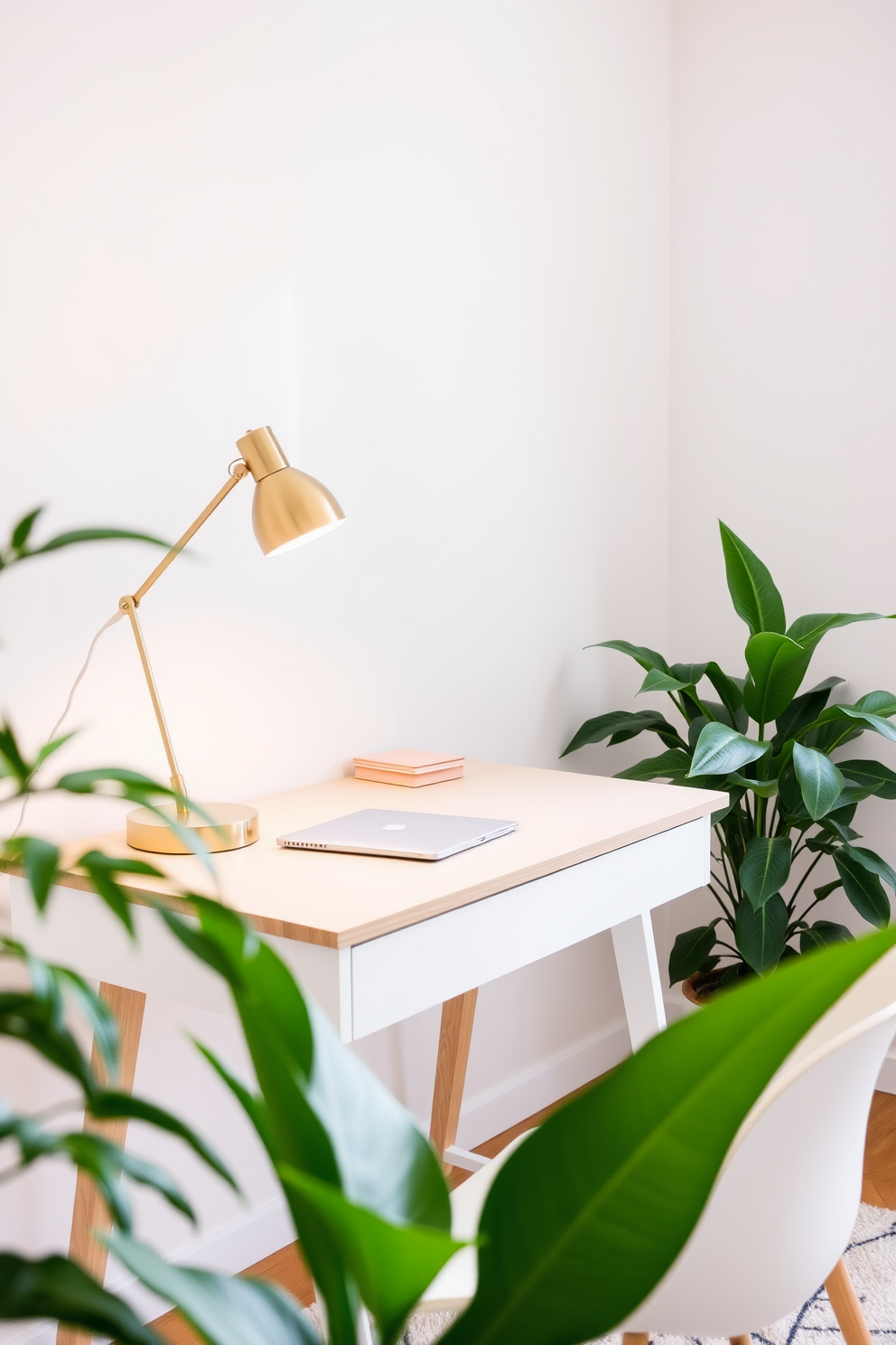 A bright and airy home office features a sleek white desk with a natural wood finish. A stylish desk lamp with a brushed brass base illuminates the workspace, providing a warm glow. The walls are painted in a soft pastel hue, creating a calming atmosphere. Lush green plants are placed in the corners, adding a touch of nature to the decor.