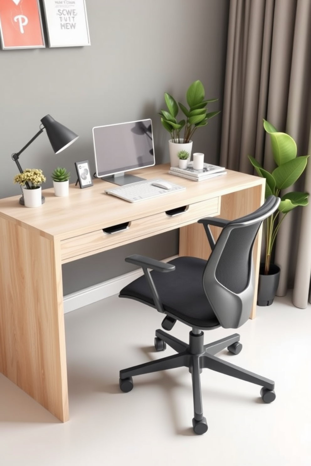 A light wood desk design with clean lines and a minimalist aesthetic. The desk is paired with a comfortable ergonomic chair, and the workspace is adorned with potted plants and stylish stationery.