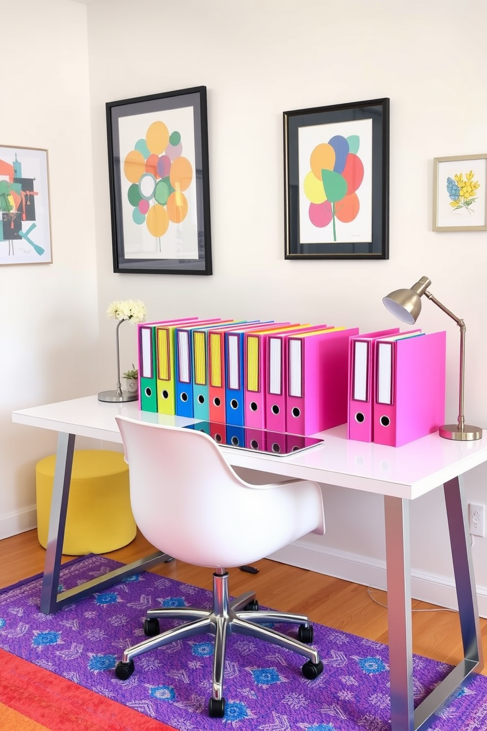 Create a vibrant home office space featuring colorful file organizers neatly arranged on a sleek modern desk. The walls are adorned with cheerful artwork, and a bright rug adds warmth to the room.