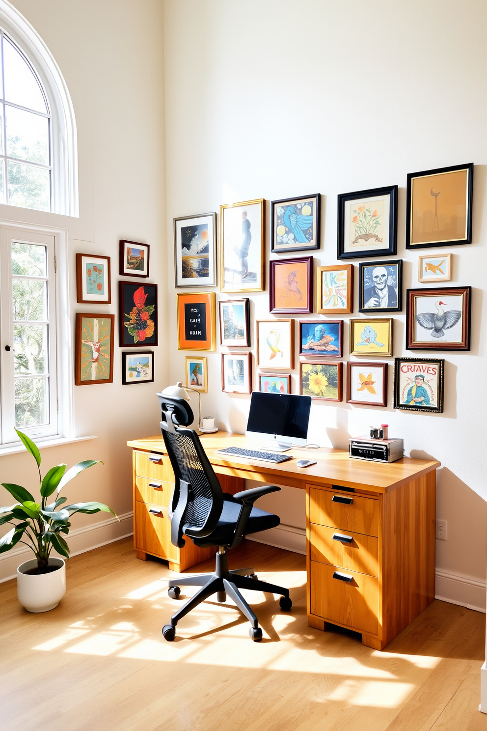 A bright and inviting home office features a large wooden desk positioned against a window that allows natural light to flood the space. A gallery wall filled with vibrant artwork in various frames adds personality and inspiration to the room. The walls are painted in a soft pastel color, creating a calming atmosphere. A comfortable ergonomic chair complements the desk, while a potted plant sits in the corner, bringing a touch of nature indoors.