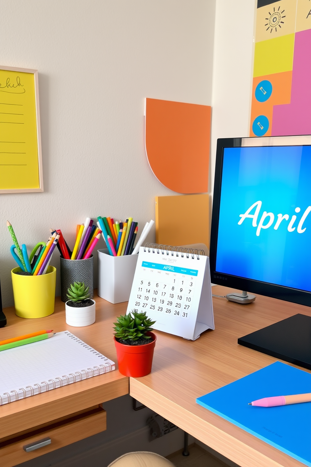 A cheerful home office space featuring a bright desk calendar displaying the month of April. The desk is made of light wood and adorned with colorful stationery and a small potted plant, creating an inviting and productive atmosphere.