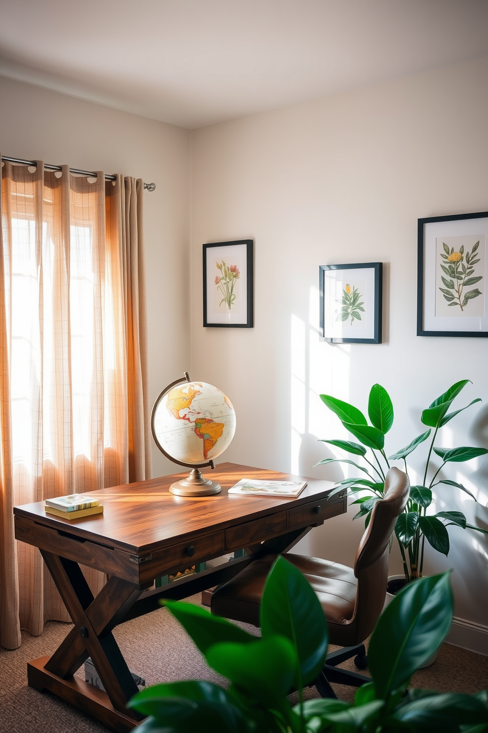 A cozy home office featuring a vintage globe as a focal decor piece. The desk is made of reclaimed wood with a comfortable leather chair, and natural light filters in through sheer curtains. The walls are painted a soft pastel color, adorned with framed botanical prints. A lush green plant sits in the corner, adding a touch of nature to the space.