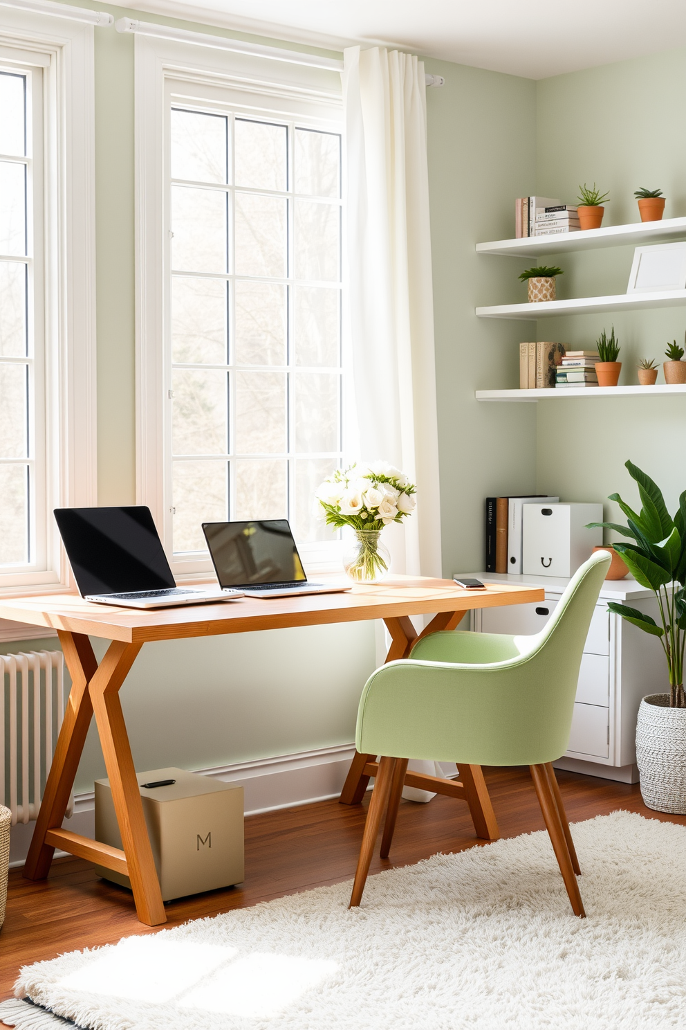 A bright and airy home office filled with natural light. A large wooden desk sits against the window, adorned with a sleek laptop and a decorative vase overflowing with fresh spring flowers. Soft pastel colors dominate the room, with light green walls and a plush area rug underfoot. A comfortable chair in a coordinating hue complements the decor, while shelves lined with books and small plants add a touch of personality.