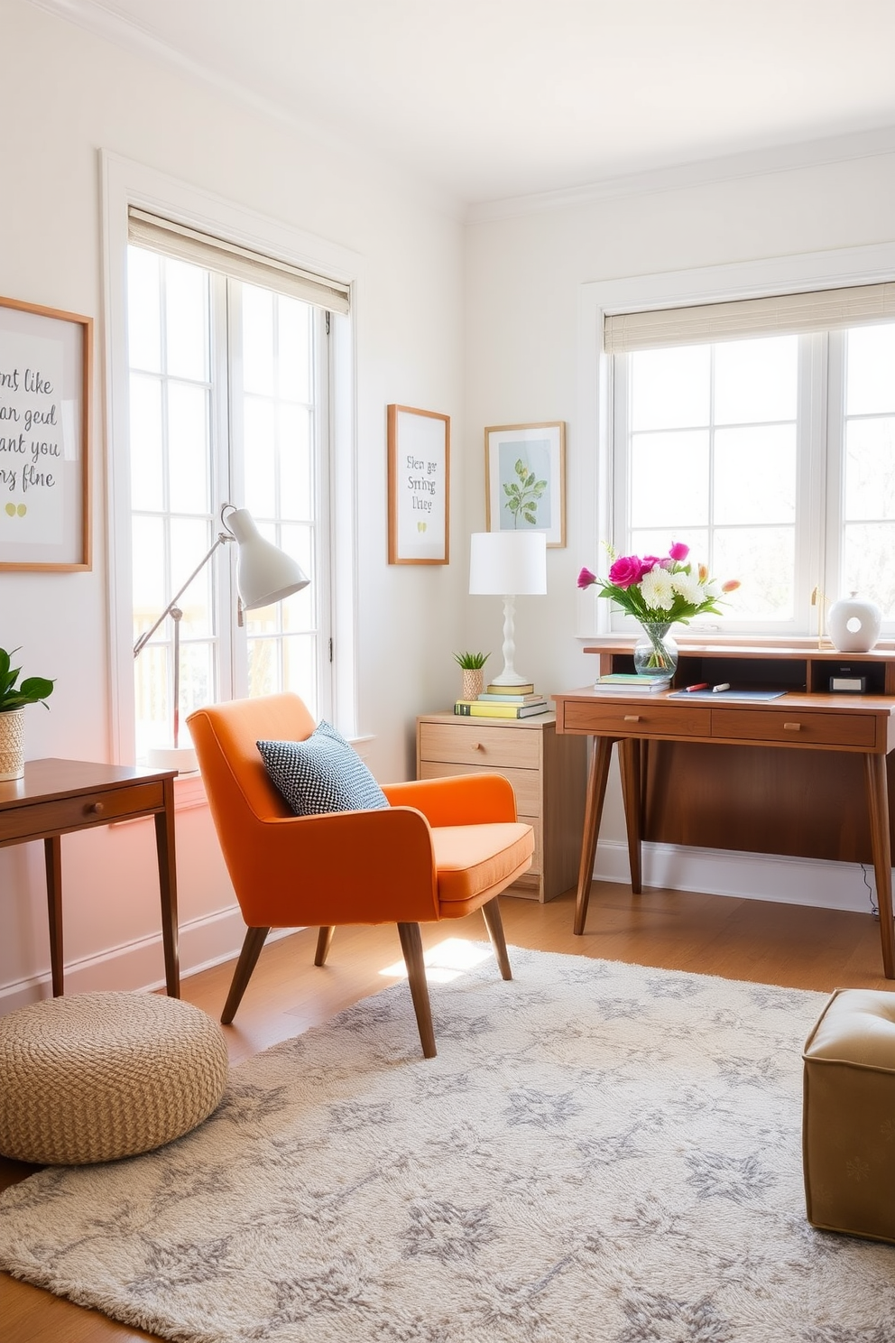 A bright and comfortable chair sits prominently in a well-lit home office space. The chair features a vibrant fabric that adds a pop of color, complementing a sleek wooden desk adorned with fresh flowers and a stylish desk lamp. Natural light floods the room through large windows, illuminating the soft pastel walls and creating an inviting atmosphere. A cozy area rug anchors the space, while inspirational artwork decorates the walls, enhancing the cheerful spring vibe.