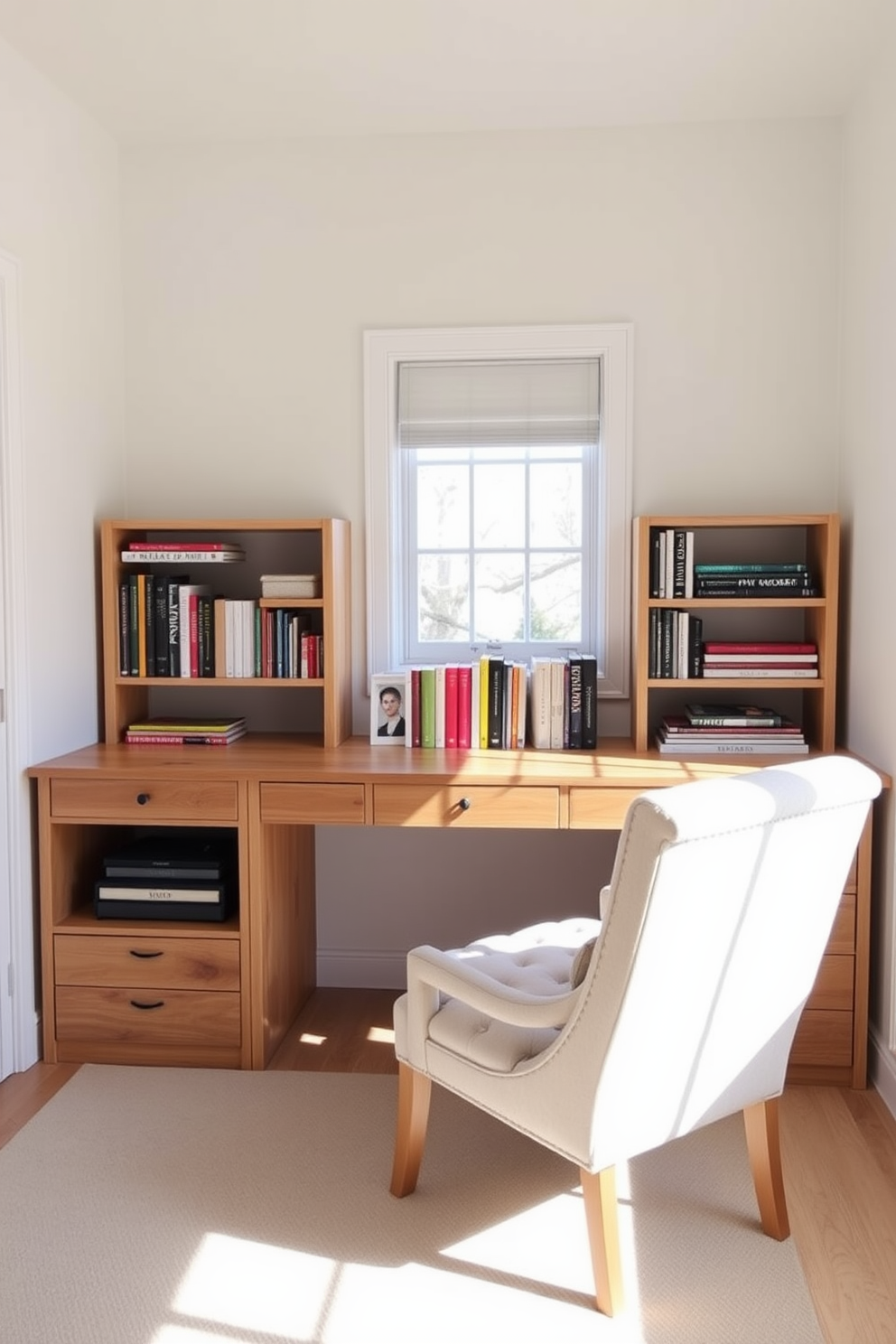 A bright and airy home office features a large wooden desk positioned by a window that lets in natural light. On the shelves, decorative bookends in a modern design hold an array of colorful books, adding a stylish touch to the space. The walls are painted in a soft pastel hue, creating a calming atmosphere. A comfortable chair with a plush cushion sits at the desk, inviting creativity and productivity.