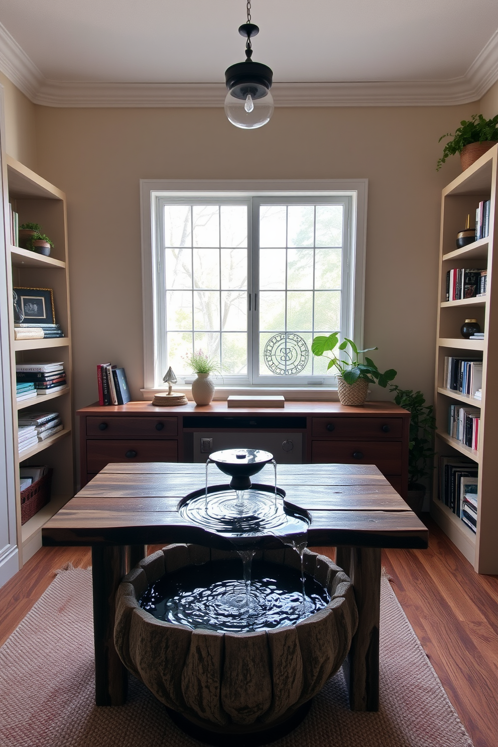 A serene home office space featuring a small fountain that adds tranquility to the environment. The desk is made of reclaimed wood and is positioned near a large window that allows natural light to flood the room. The walls are painted in a soft pastel hue, creating a calming atmosphere. Shelves filled with books and decorative items flank the desk, enhancing the inviting feel of the space.