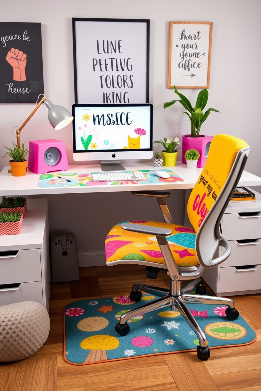 Create a vibrant and playful home office space featuring a fun mouse pad design that incorporates bright colors and whimsical patterns. The desk is modern and sleek, complemented by a comfortable ergonomic chair and surrounded by cheerful decor elements like potted plants and inspiring artwork.