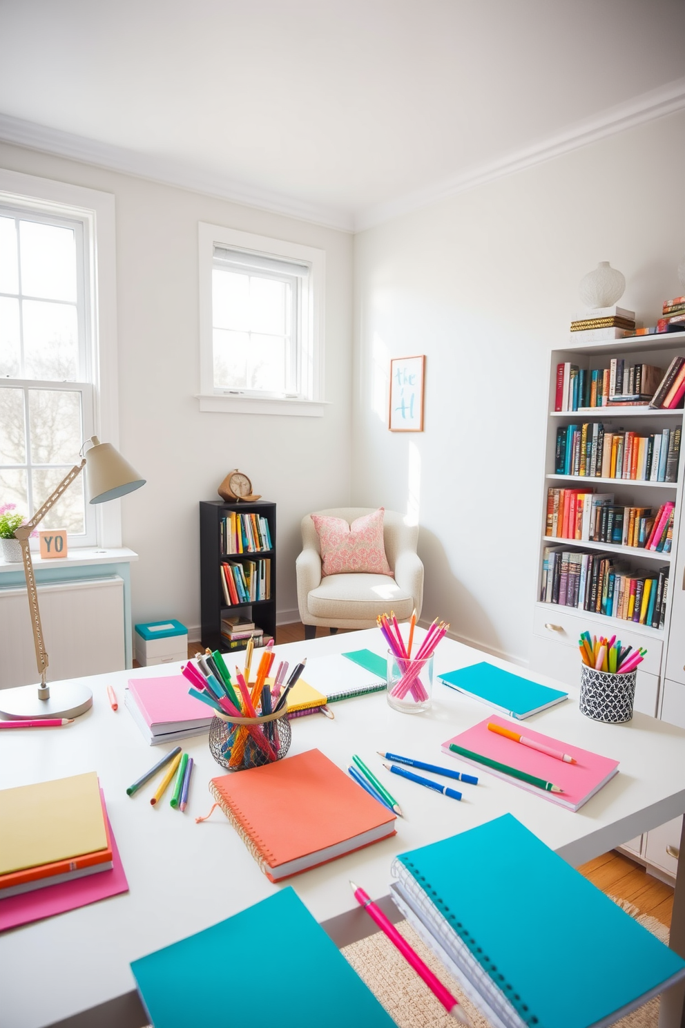 A bright and airy home office filled with colorful stationery to inspire creativity. The desk is adorned with vibrant notebooks, pens in various hues, and a cheerful desk organizer. The walls are painted in a soft pastel shade, creating a calm atmosphere. A large window lets in natural light, illuminating a cozy reading nook with a plush chair and a small bookshelf filled with colorful books.