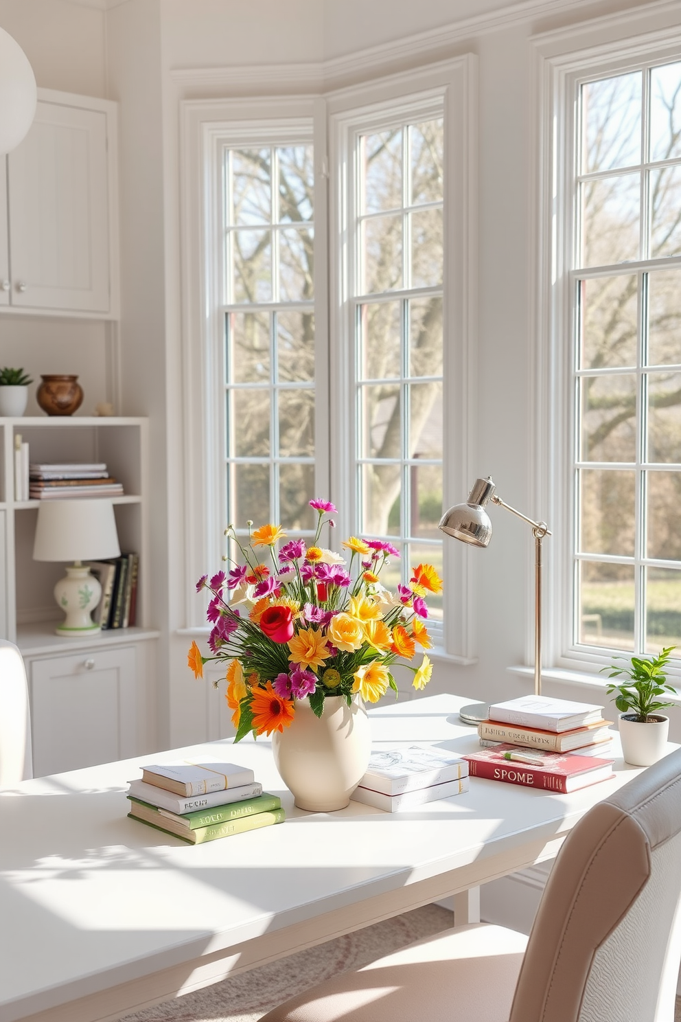 A bright and airy home office with large windows allowing natural light to flood the space. The desk is adorned with a vibrant spring centerpiece featuring fresh flowers in a pastel vase, surrounded by decorative books and a stylish lamp. The walls are painted in a soft white, creating a clean backdrop for the colorful decor. A comfortable chair in a light fabric complements the cheerful atmosphere, while a small potted plant adds a touch of greenery to the room.