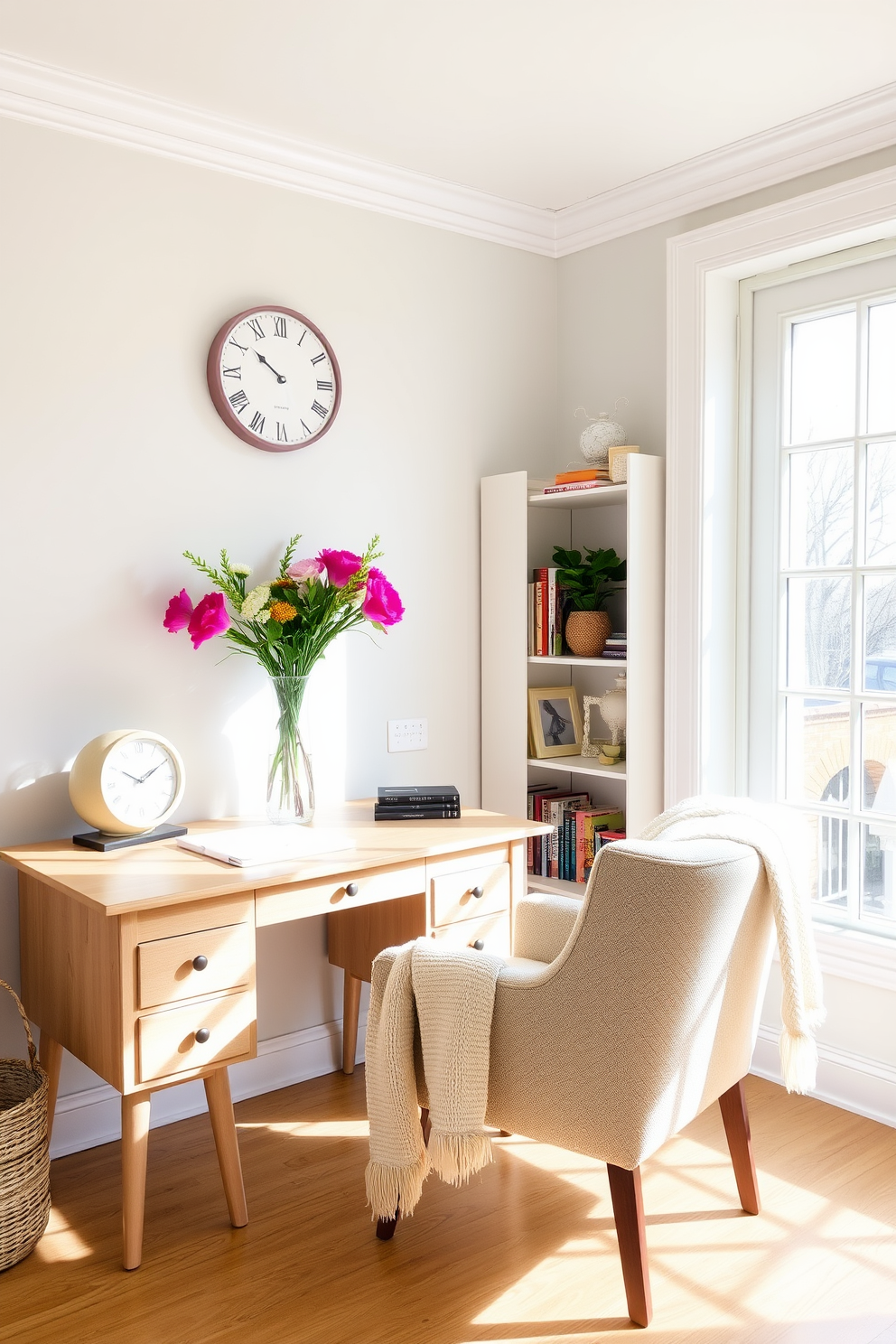 A charming spring home office setting features a light wood desk positioned near a large window that lets in ample natural light. On the desk, a stylish wall clock adds character, while a vase of fresh flowers brightens the space with vibrant colors. The walls are painted in a soft pastel hue, creating a serene atmosphere perfect for productivity. A cozy armchair sits in the corner, complemented by a plush throw blanket and a small bookshelf filled with inspiring reads.