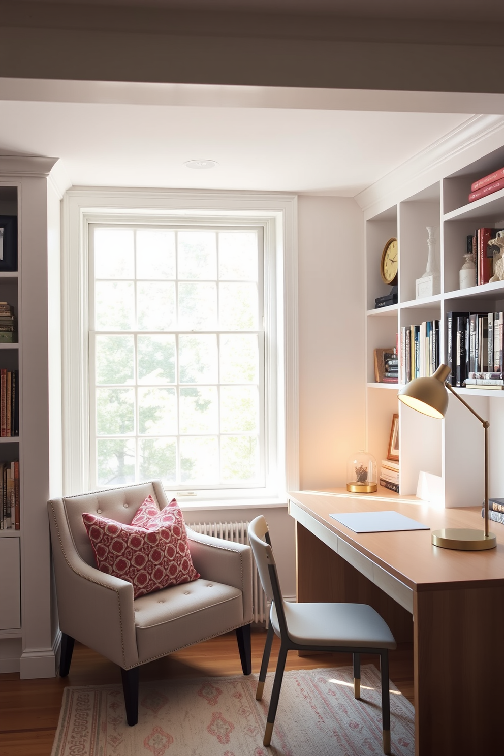 A bright and airy home office with a large window allowing natural light to flood the space. The seating area features a comfortable chair adorned with patterned cushions that add a pop of color and style. The desk is made of light wood, complemented by a sleek metal lamp with a warm glow. Shelves lined with books and decorative items create an inviting and personalized atmosphere.